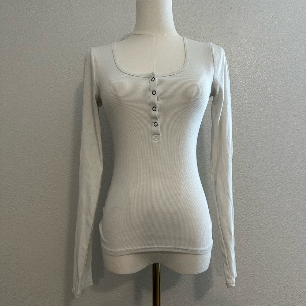 Women's White Long Sleeve Henley Top